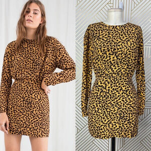& Other Stories Dress Long Sleeve Mini Bodycon Leopard Print Brown Size US 0
